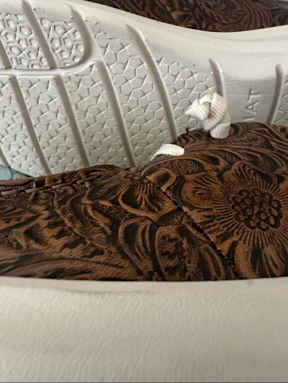 Ariat Brown Tooled Floral Leather Slip-On Flats with Cream Laces - Picture 4 of 5